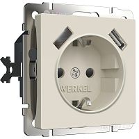 Розетка с заземлением +2хUSB тип A+A без рамки Werkel 1-м. шторки айвори матовый картинка